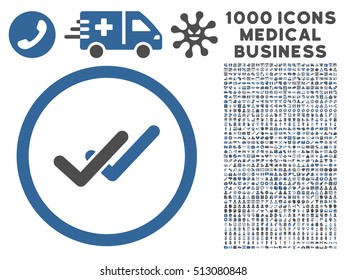 Cobalt And Gray Validation vector bicolor rounded icon. Image style is a flat icon symbol inside a circle, white background. Bonus set has 1000 health care business pictographs.