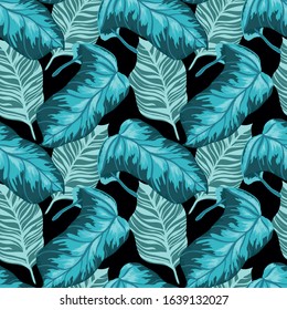 Cobalt Jungle Tree Vector Seamless Pattern. Cloud Modern Monstera Backdrop Hawaii Style. Jeans Foliage Exotic Texture. Pink Monstera Leaf Backdrop