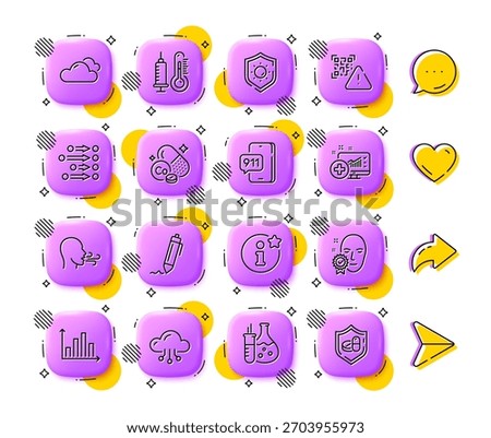 Cobalt mineral, Cloud computing and Medical analytics line icons. App 3d buttons. Social media comment, share, like icons. Pack of Thermometer, Sun protection, Diagram graph icon. Vector