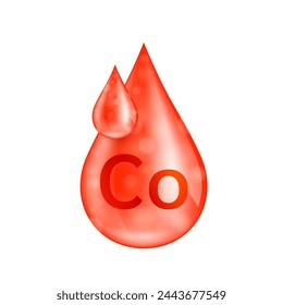 Minerales de cobalto gotita roja. Complejo vitamínico en solución esencial. Gota de agua de la naturaleza sobre fondo blanco para anuncios de suplementos dietéticos. Concepto de ciencia médica. Icono 3D aislado vector.