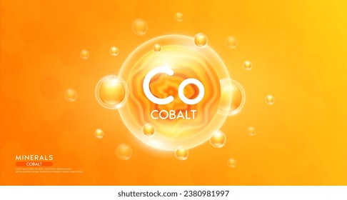 Cobalt minerals inside orange bubble floating in the air. Vitamins complex essential supplement to the health care. For food  nutrition and medicine. Science medical concept. Banner 3D vector.