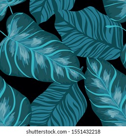 Cobalt Monstera Tree Vector Seamless Pattern. Cloud Trendy Jungle Illustration Hawaiian Style. Breeze Leaf Popular Print. Gloss Monstera Leaf Texture