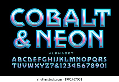 Cobalt and Neon is a reflective, shiny beveled 3d alphabet in chrome cool blue and magenta hues. Good alphabet for science and technology themes, game and film logos, etc.