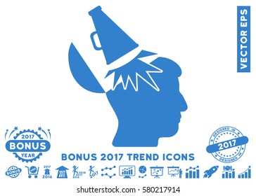 Cobalt Open Mind Megaphone icon with bonus 2017 year trend pictograms. Vector illustration style is flat iconic symbols, white background.