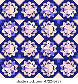 Cobalt pattern with flower mandala. Print for fabric, paper, wallpaper.                                