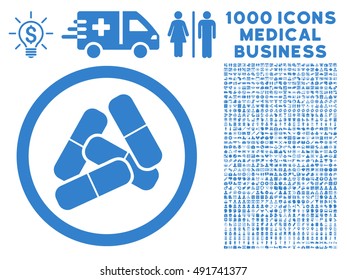 Cobalt Pills vector rounded icon. Image style is a flat icon symbol inside a circle, white background. Bonus clip art contains 1000 medicine business pictographs.