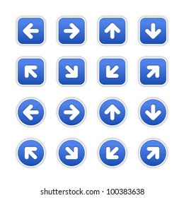 Cobalt stickers with arrow sign. Circles and rounded square shapes with gray drop shadow on white background. This vector illustration saved in 10 eps.