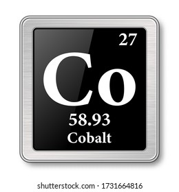 Cobalt symbol.Chemical element of the periodic table on a glossy black background in a silver frame.Vector illustration.