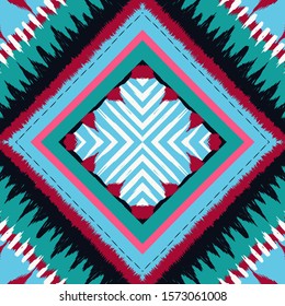 Cobalt Tie Dye Vector Seamless Pattern. Surf Fashion Tribal Traditional Print. Dip Shibori Drawing Wallpaper. Red Chevron Graphic Uzbek Background. Ethnic Arabic Design