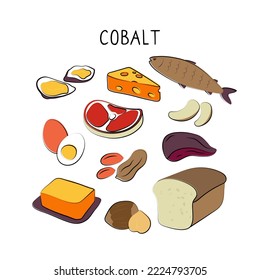 Cobalt-containing food. Groups of healthy products containing vitamins and minerals. Set of fruits, vegetables, meats, fish and dairy.