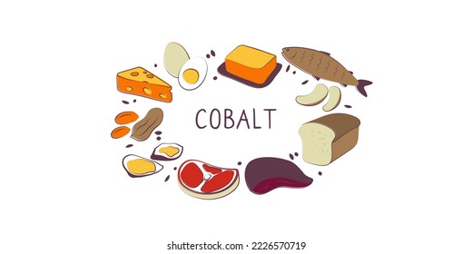 Cobalt-containing food. Groups of healthy products containing vitamins and minerals. Set of fruits, vegetables, meats, fish and dairy