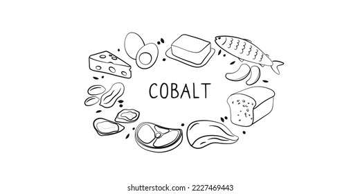 Cobalt-containing food. Groups of healthy products containing vitamins and minerals. Set of fruits, vegetables, meats, fish and dairy