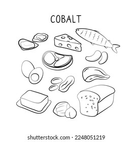 Cobalt-containing food. Groups of healthy products containing vitamins and minerals. Set of fruits, vegetables, meats, fish and dairy