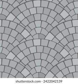 Cobble fan or European pavement tile pattern, grey cobblestone for street or alley. Vector pebble paved sidewalk, granite blocks top view plan