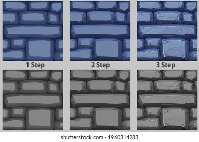 Cobble stones texture, drawing step by step paving stone for wallpaper. Vector illustration improved colored backdrop for game graphic design.
