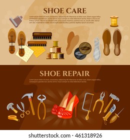 Cobbler banner shoe repair tools shoemaker workplace vector illustration 