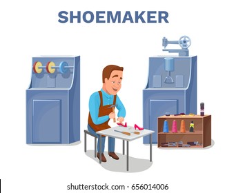 Cobbler cartoon character repairing shoes with shoemaker tools c