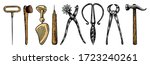Cobbler concept. Professional equipments for Shoe repair. Shoemaker or bootmaker. Cream Hammer Awl Brush Thread Glue. Hand drawn engraved old sketch for label or poster. 