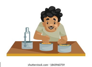 Cobbler is eating food from tiffin. Vector graphic illustration. Individually on white background.