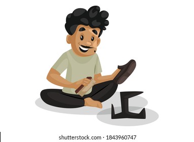 Cobbler is holding a brush and shoe in hands. Vector graphic illustration. Individually on white background.