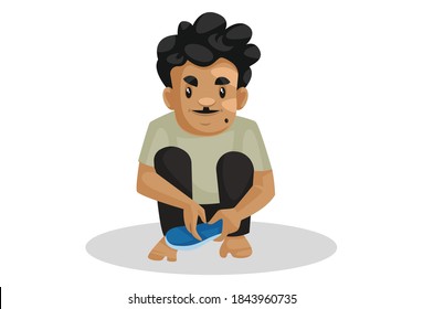 Cobbler is holding a shoe in hand. Vector graphic illustration. Individually on white background.