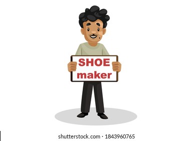 Cobbler is holding shoe maker board in hands. Vector graphic illustration. Individually on white background.