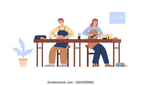 Cobbler man and woman manufacture shoe at footwear factory, flat vector illustration isolated on white background. Shoemaker sews leather or fabric and makes handmade quality sneakers.