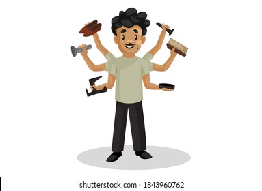 Cobbler is with multiple hands and tools. Vector graphic illustration. Individually on white background.