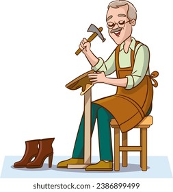 Cobbler old man with hammer in hand. Vector illustration of a cartoon character.