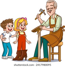 Cobbler old man with hammer in hand and children vector illustration.