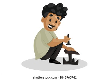 Cobbler is repairing a shoe with his tools. Vector graphic illustration. Individually on white background.