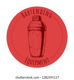 Cobbler shaker and cocktail glass.  Logo label Illustration of Bar professional tools in vintage engraved style.