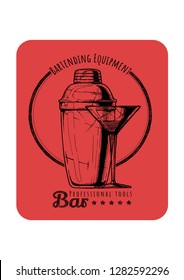 Cobbler shaker and cocktail glass.  Logo label Illustration of Bar professional tools in vintage engraved style.