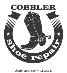 Cobbler, Shoe Repair. Cowboy Boots With Spurs, Ribbon. Vector Illustration.