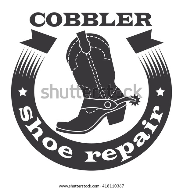 Cobbler, shoe repair. Cowboy boots with\
spurs, ribbon. Vector\
illustration.