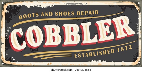 Cobbler store retro metal sign template. Vintage signboard for shoes repair. Vector illustration.