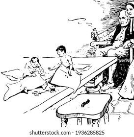 Cobbler, this scene shows two children doing something on paper and sitting on table, seizer on table, old man and woman looking at them, old man sits on chair and smoking, vintage line drawing