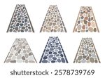 Cobblestone garden roads set, irregular stone texture. Vector sidewalk, old garden gravel path isolated on white background