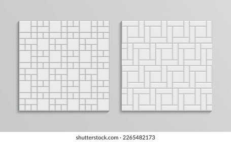 Cobblestone garden sidewalk. Slab pavement texture. Paved street. Double floor tiles. Brick seamless pattern. Stone background. Decorative footpath top view. Mosaic outdoor print. Vector illustration