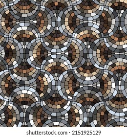 Cobblestone Mosaic With Multicolored Tiles Arranged In Wavy Arched Lines On A Black Background. Seamless Geometric Pattern. Vector Illustration.