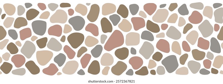 Cobblestone mosaic seamless border, road, stone texture. Vector abstract repeat background, street