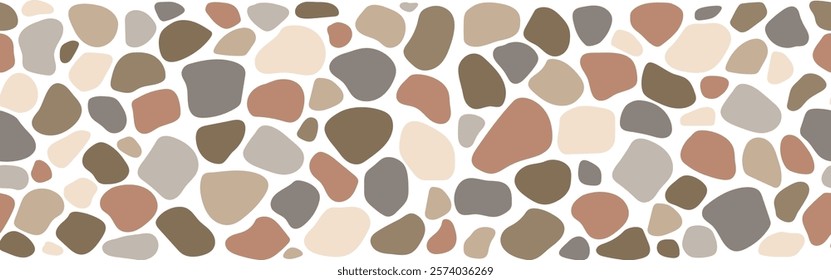 Cobblestone mosaic seamless pattern, border, road, stone texture. Vector abstract repeat background, street