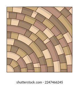 Camino adoquinado con bloques de mosaicos de adoquines. Textura de azulejos de piedra para el pavimento de la ciudad. Vista superior de dibujos animados de un patrón de pavimento aislado en blanco. Concepto de acera