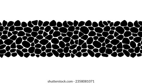 Cobblestone, nahtloser Druckvektor. Schwarz-weißer geometrischer Rahmen für Kieselsteine. Unregelmäßige Formen wiederholt Hintergrund für Web-Fliesen und Innenarchitektur. Zeilenhintergrund für mehrfarbige Zellen
