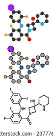 Cobimetinib melanoma drug molecule. Conventional skeletal formula and stylized representations.