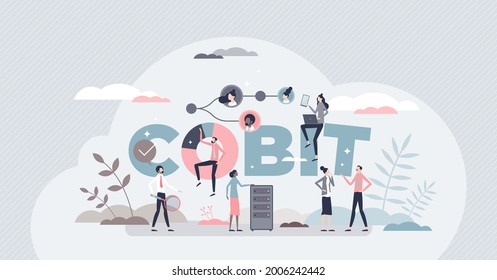 COBIT or Control for Objectives Information Technologies tiny person concept. Standard framework and IT process management vector illustration. Defined business alignment and governance approach.