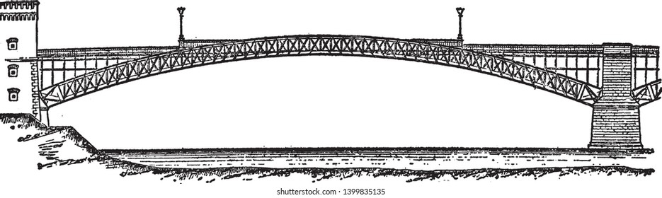 Coblenz Bridge is a German city situated on both banks of the Rhine where it is joined by the Moselle, vintage line drawing or engraving illustration.