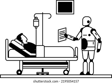 Cobot Taking Care Of Patient Vector Icon Design, Robotic Medicine Symbol, Healthcare Scene Sign, Innovation Artificial Intelligence Work In Modern Clinic Stock Illustration, Caregiver Robots Concept