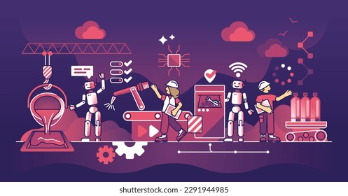 Cobots as robots collaboration with humans in manufacturing outline concept. Process with AI robotic technology integration vector illustration. Production or assembly using smart autonomous cyborgs.