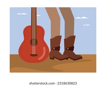 Coboy standing with boots in the desert holding a guitar playing his own musical mexican bandit.Flat illustration